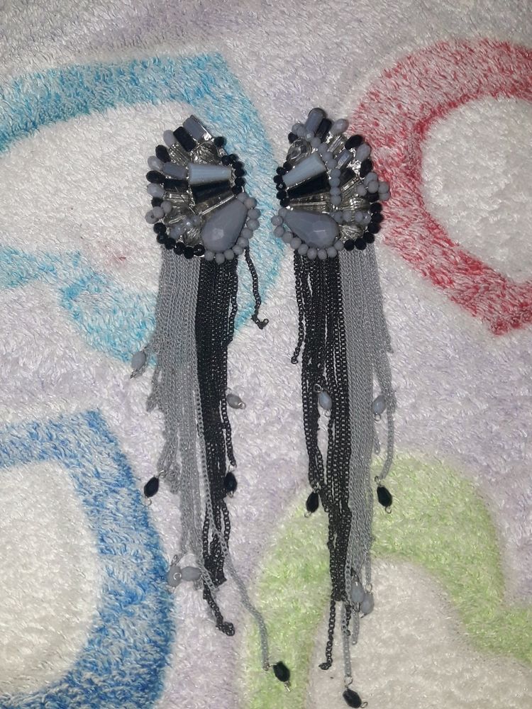 grey black chained beaded long earning