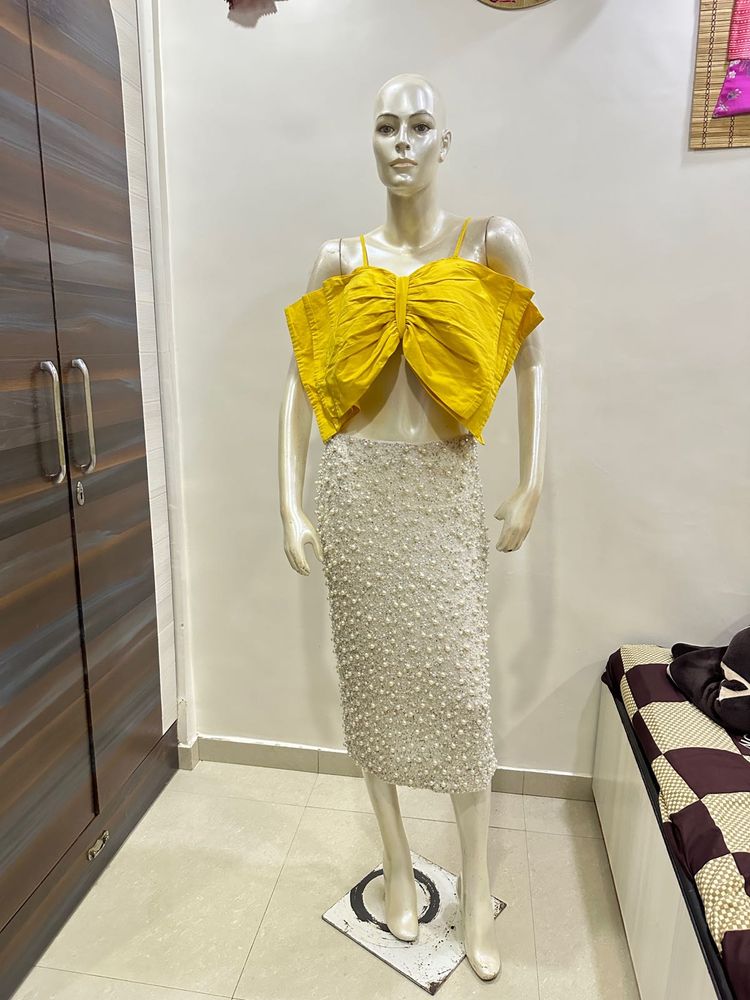 Bow Top And Pearl Embellished Skirt