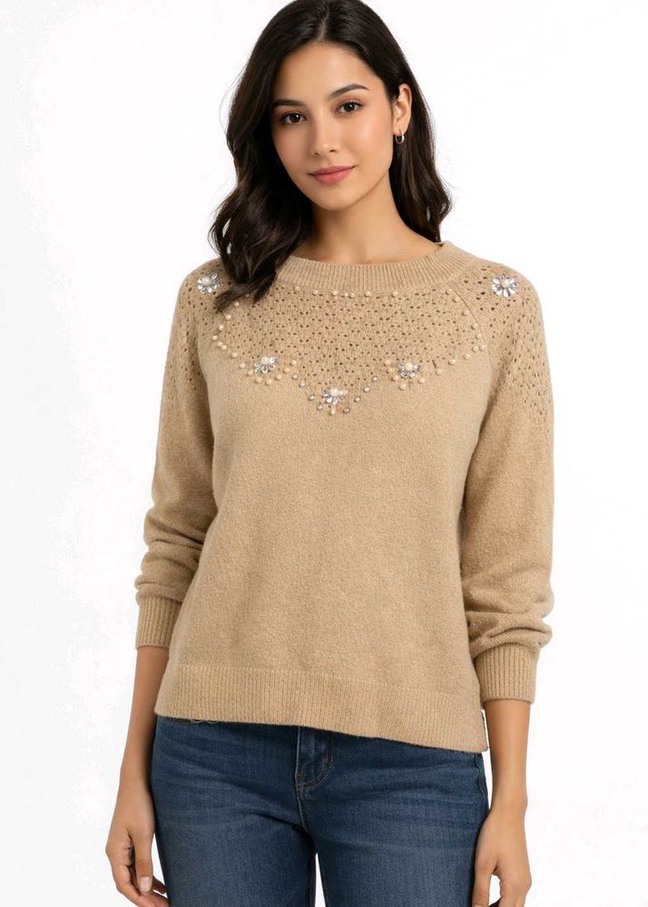 Women Beige Embellished Knit Sweater – Size L