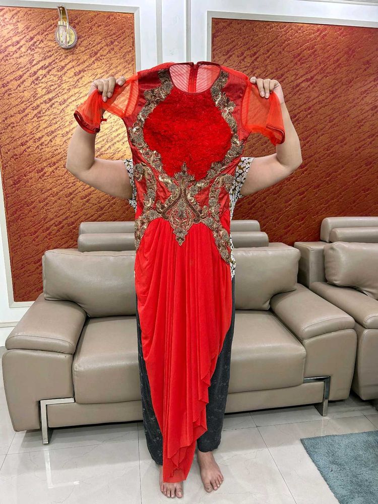 Red Drape Saree With Leggings