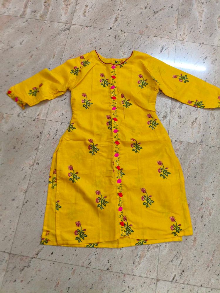 Yellow Floral Embroidered Kurti