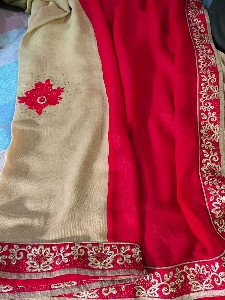Elegant Beige &amp; Red Embroidered Saree