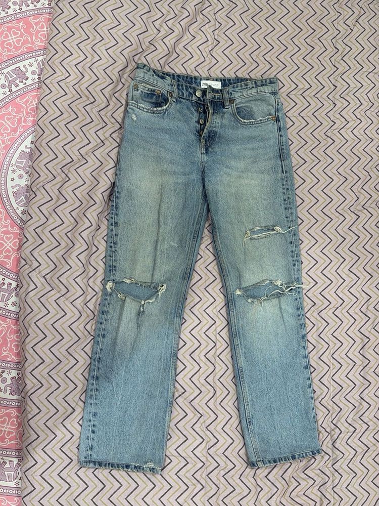 Zara Ripped Wide Leg Jeans
