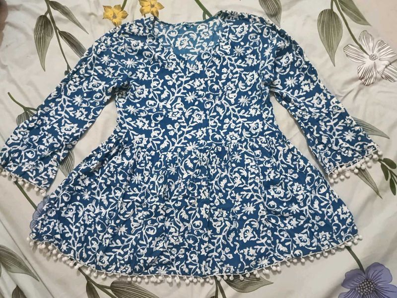 Boho Print Dress with Pom Poms