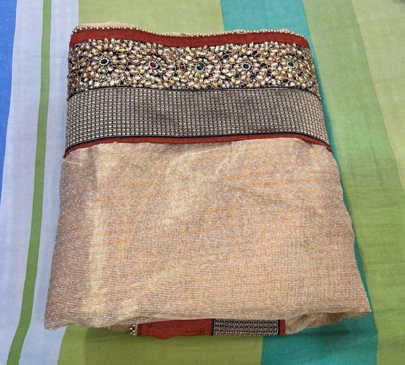 Brown Sari With Border Stone Embroidery