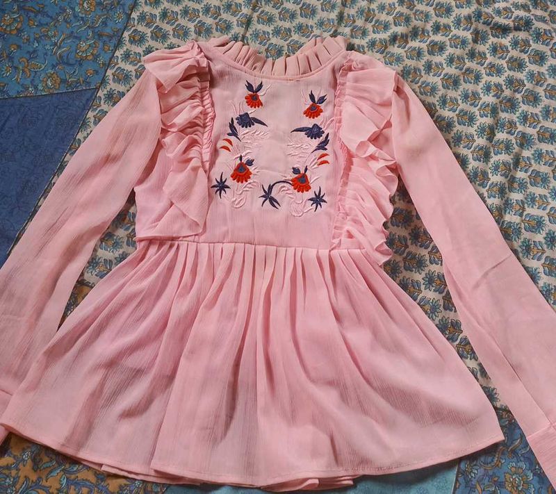 Pink Embroidered Ruffle Top