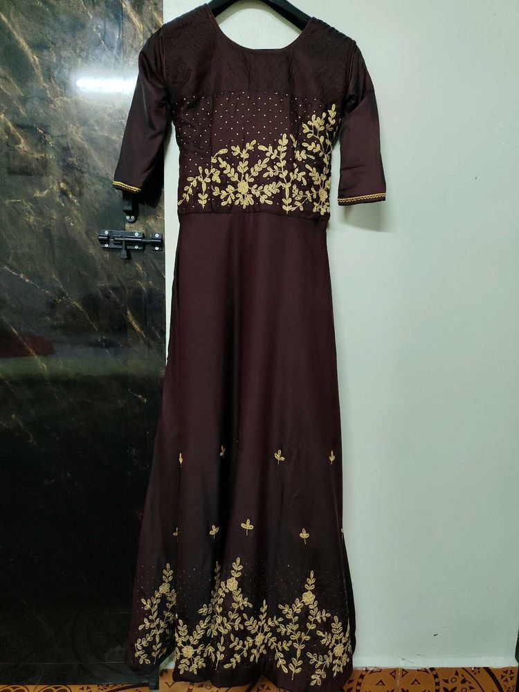 Golden Dark Maroon Embroidered Gown.