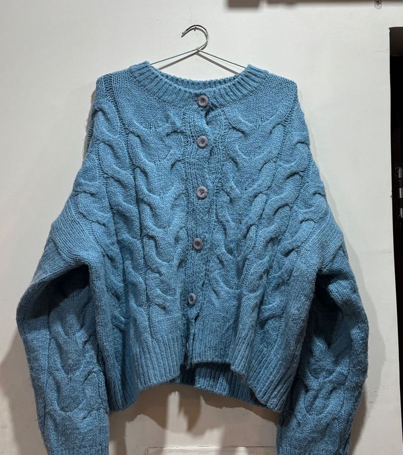 Korean Style Blue Knit Cardigan Sweater