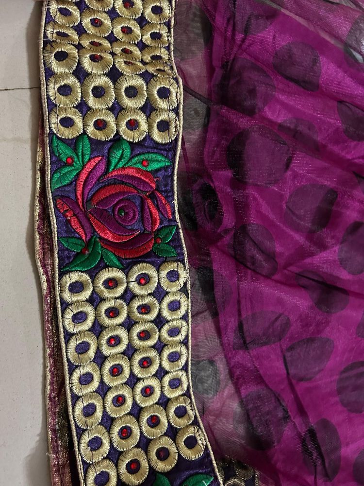Purple Polka Dot Fabric with Floral Embroidery