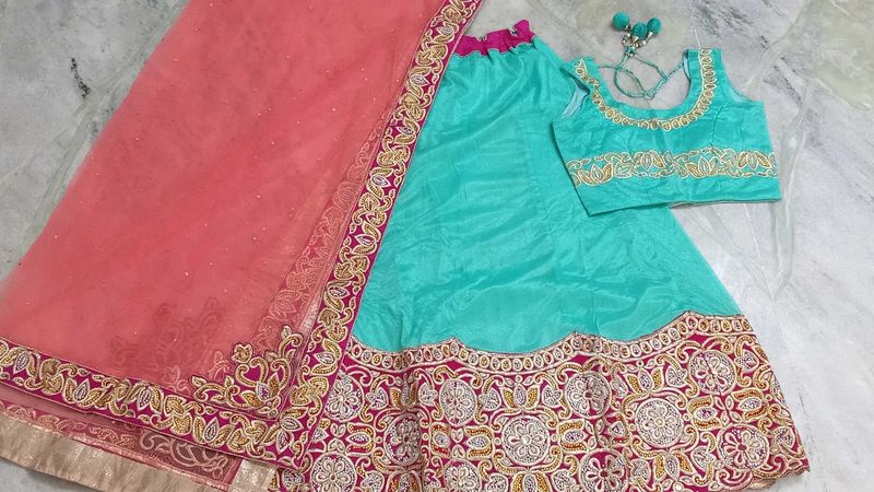 Teal &amp; Pink Embroidered Lehenga Set