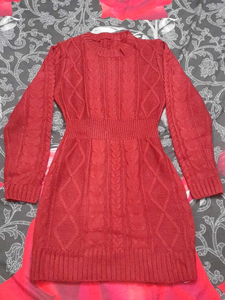 Red Cable Knit Sweater Dress