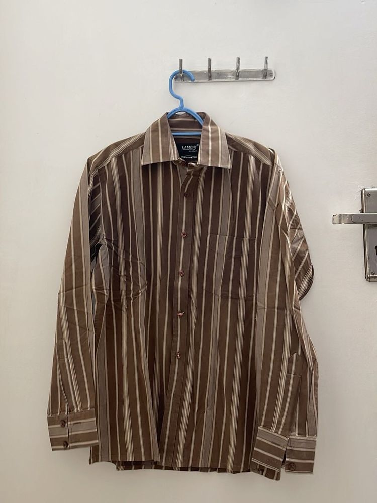 Coffee Brown Striped Pure Cotton Shirt