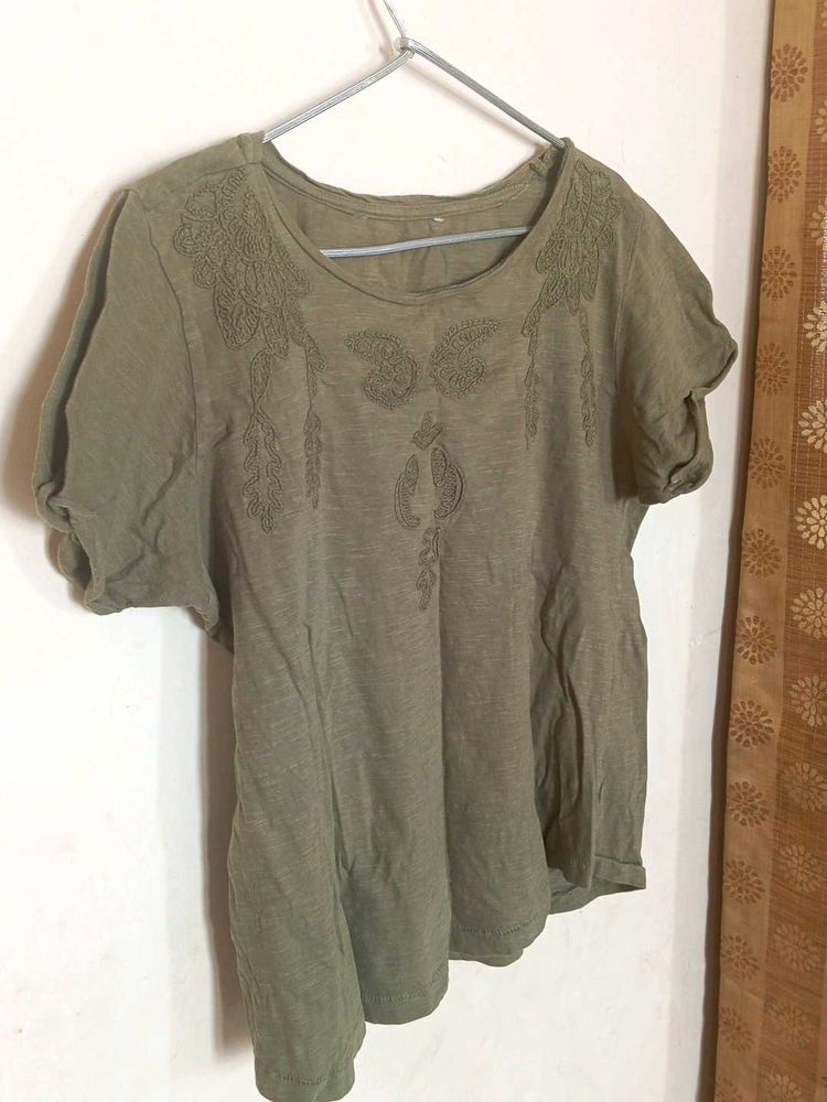 Olive Green Top With Embroidery M Size