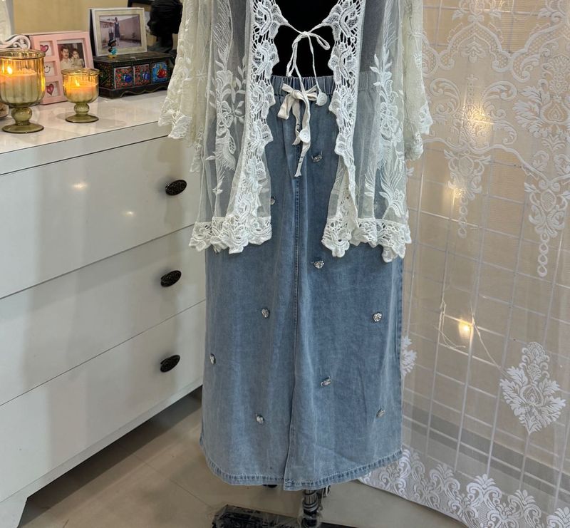 Lace Cardigan &amp; Denim Dress