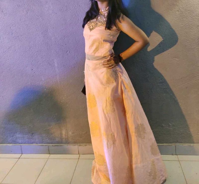Elegant Peach And Golden Gown