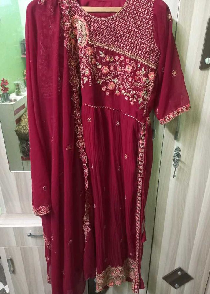 Maroon Embroidered Kameez  Dupatta Suit