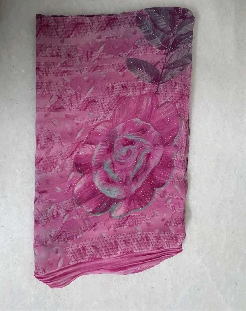 Pink Rose-Motif Printed Saree
