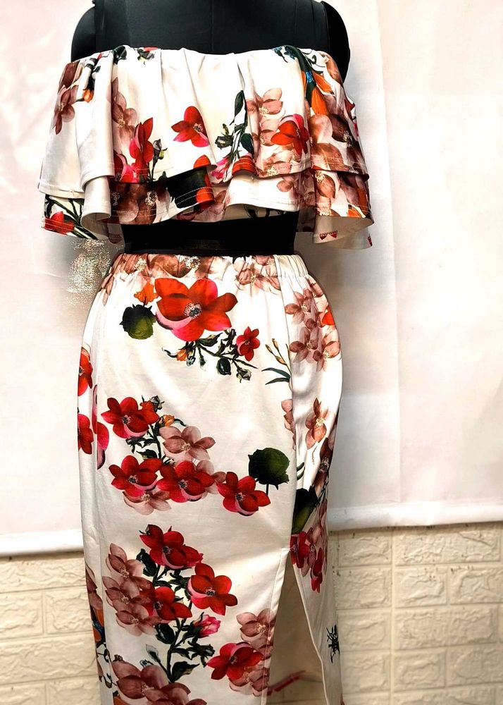 Floral Off Shoulder Cord Set With Pencil Skirt