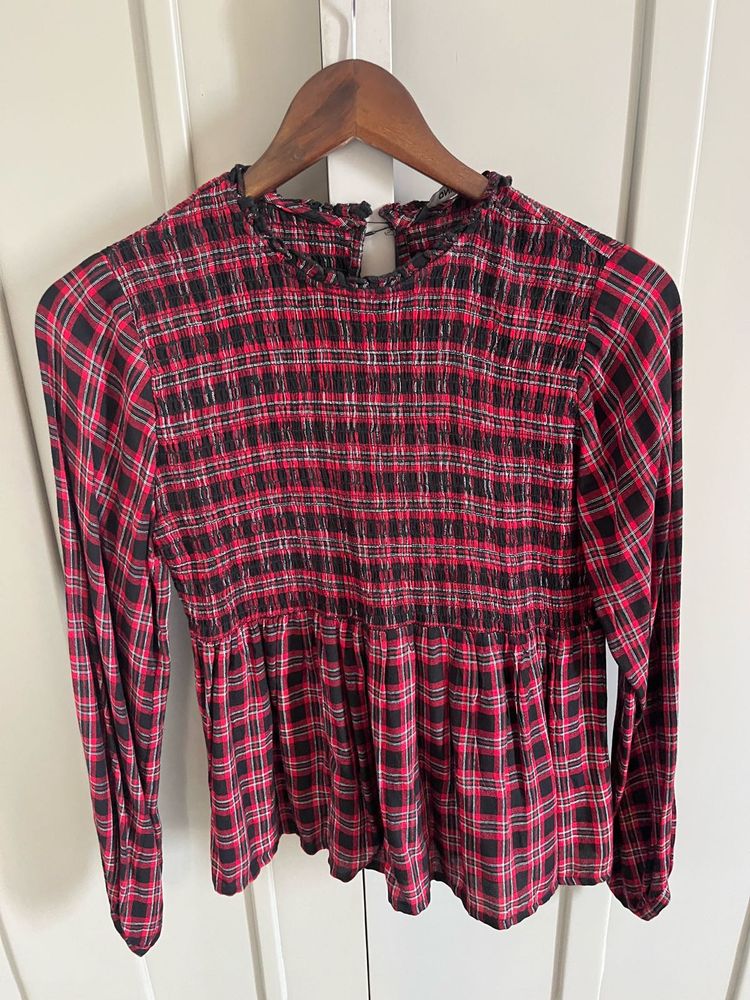 Plaid Ruffle Neck Long Sleeve Top By Only