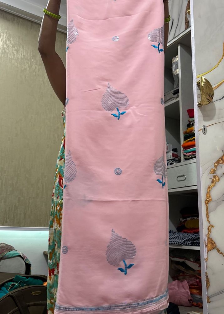 Baby Pink Colour Saree With Stitched Blouse