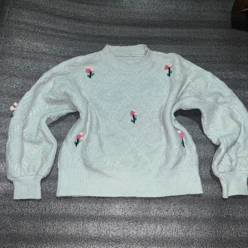 Floral Embroidered Light Blue Sweater
