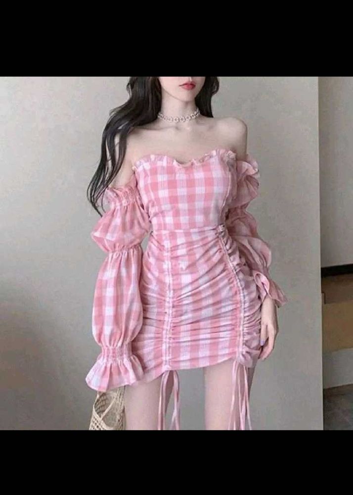 Pink Gingham Off-Shoulder Mini Dress