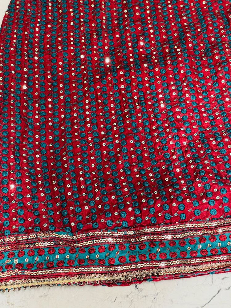 Red &amp; Teal Embroidered Fabric