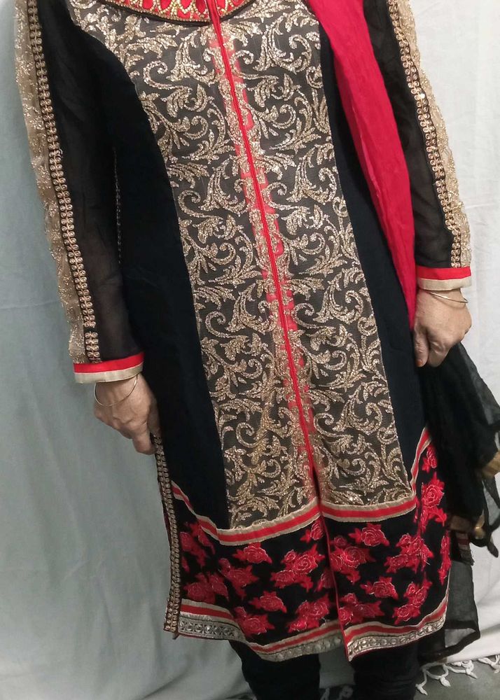 Elegant Black Pajama Kurta Set Red Women Xxl