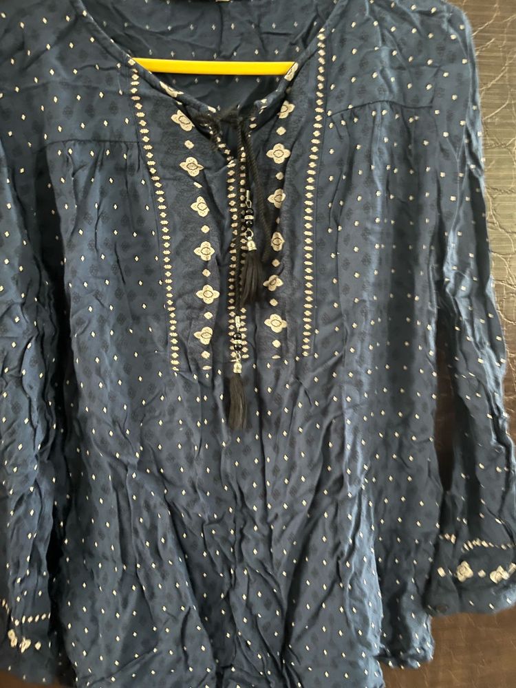 Navy Polka Dot Blouse with Embroidery