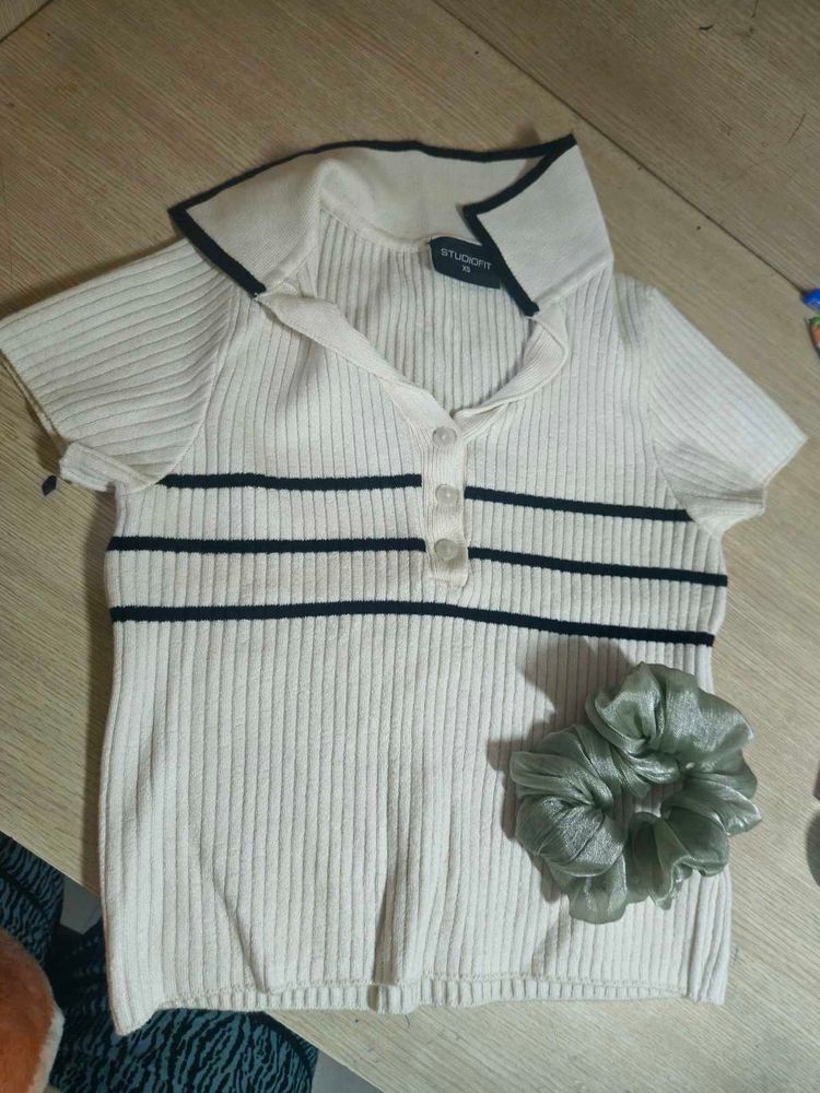 Striped Knit Polo Top