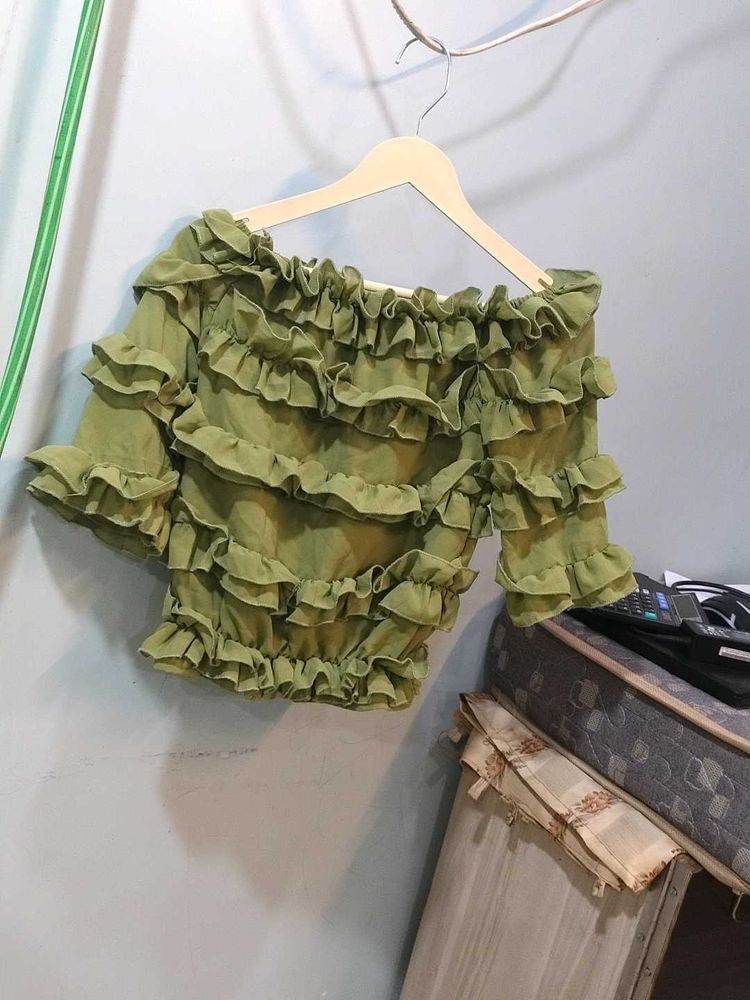 Green Ruffle Off-Shoulder Top