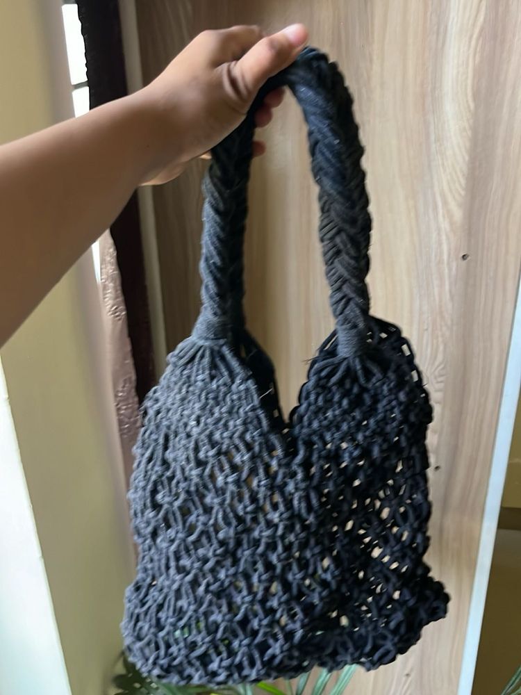 Chic Black Macrame Net Tote Bag