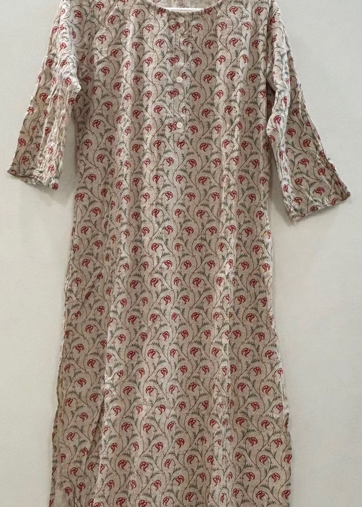 Off White Cotton Kurti with Red Floral Print