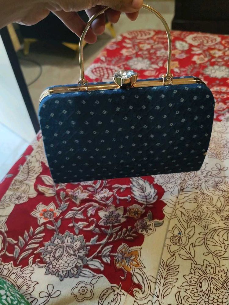 Blue Bandhni Printed Hand Clutch With Sling