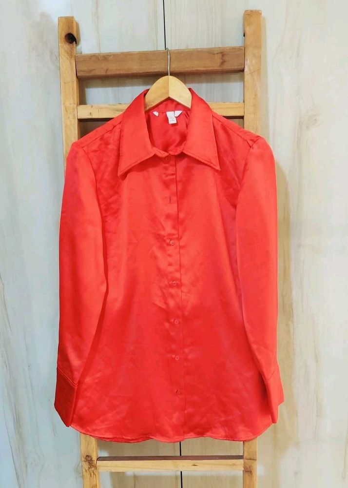 Red Partyware Satin Shirt Size-38- Length 29 Inch