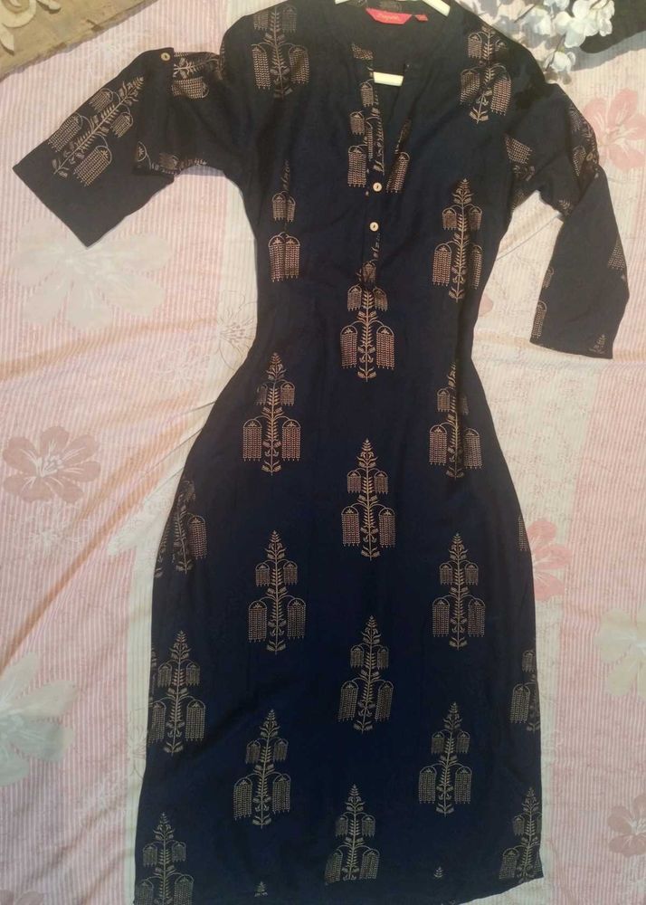MORPANKH Navy Blue With Gold Design KURTHI - XS