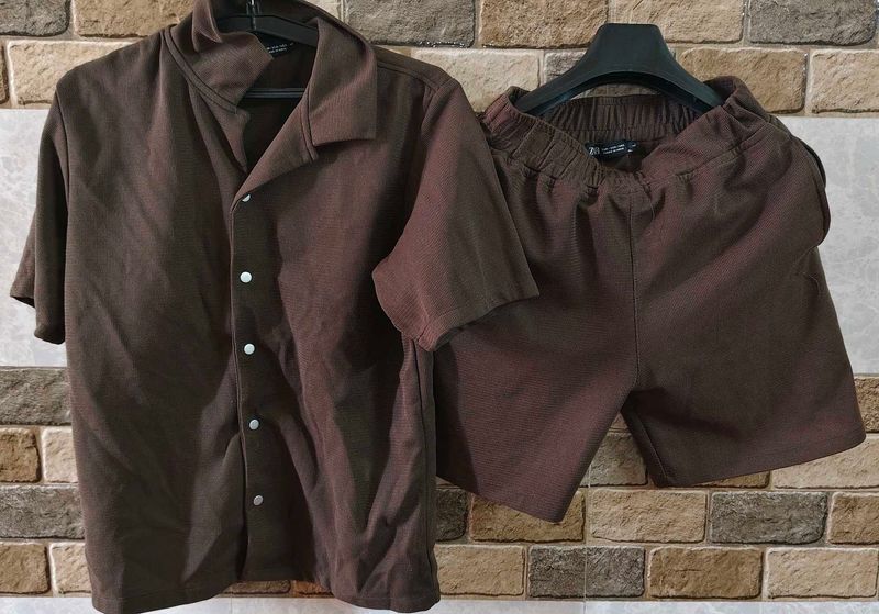 Men's Brown Corduroy Shirt &amp; Shorts Set