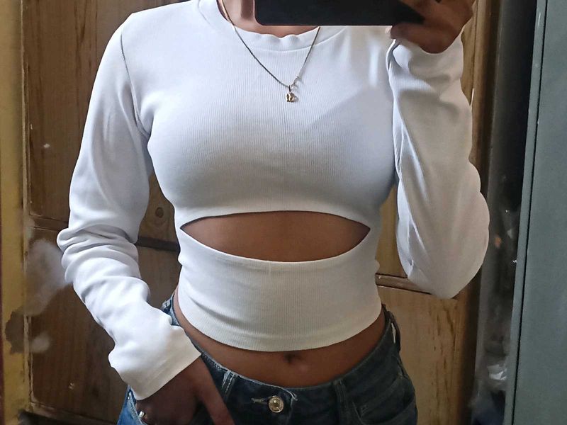 Ribbed Cotton Blend White Cutout Top