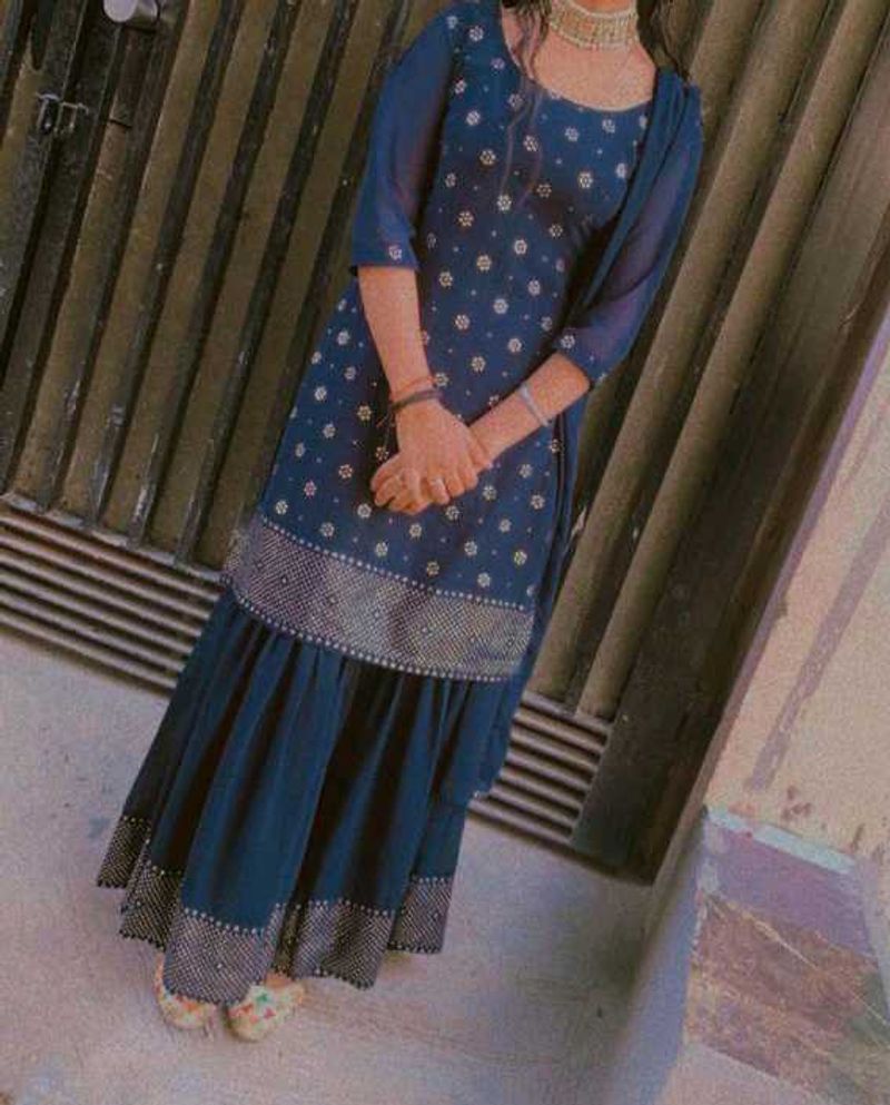 Blue Printed Kurti with Shrara Set