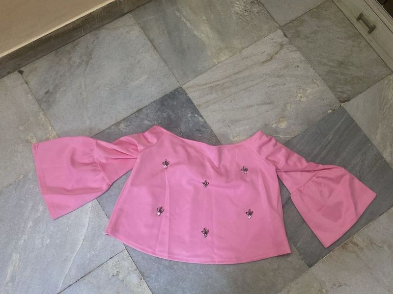 Pink Off Shoulder Bell Sleeves Top