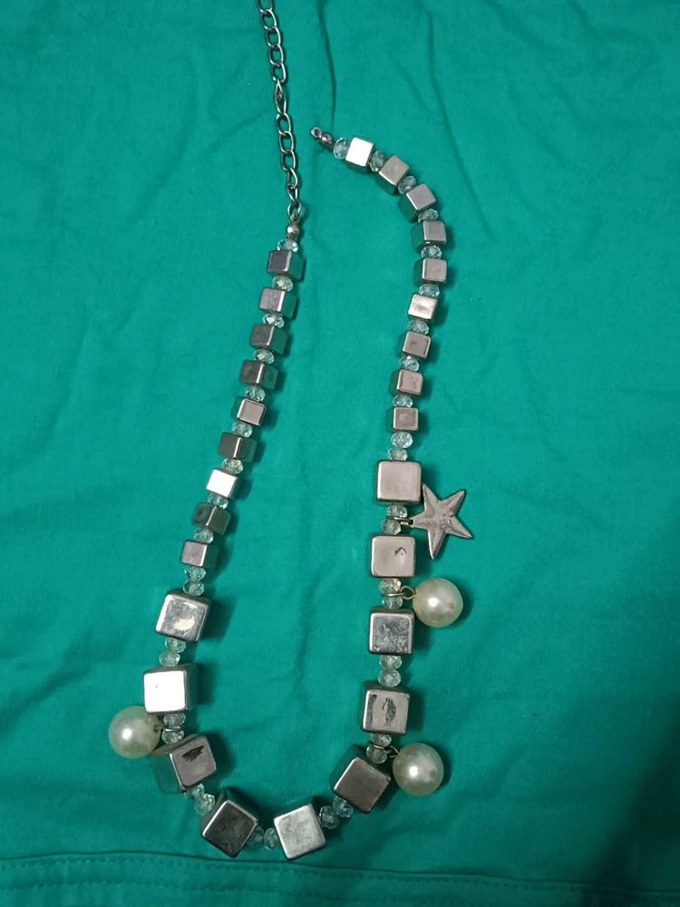 Silver Cube &amp; Pearl Necklace