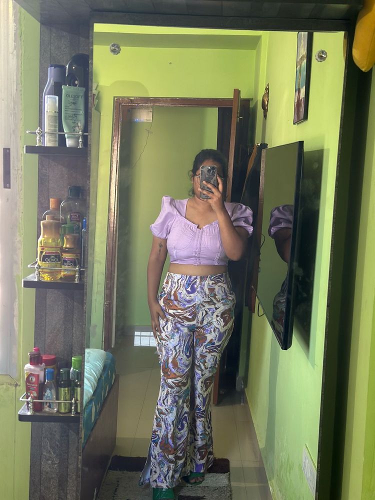 Purple Crop Top And Multicolour Trousers