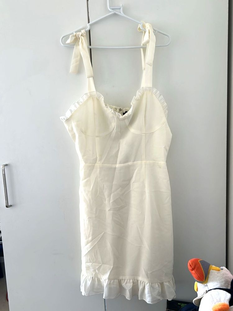Cream Ruffle Tie-up Mini Dress