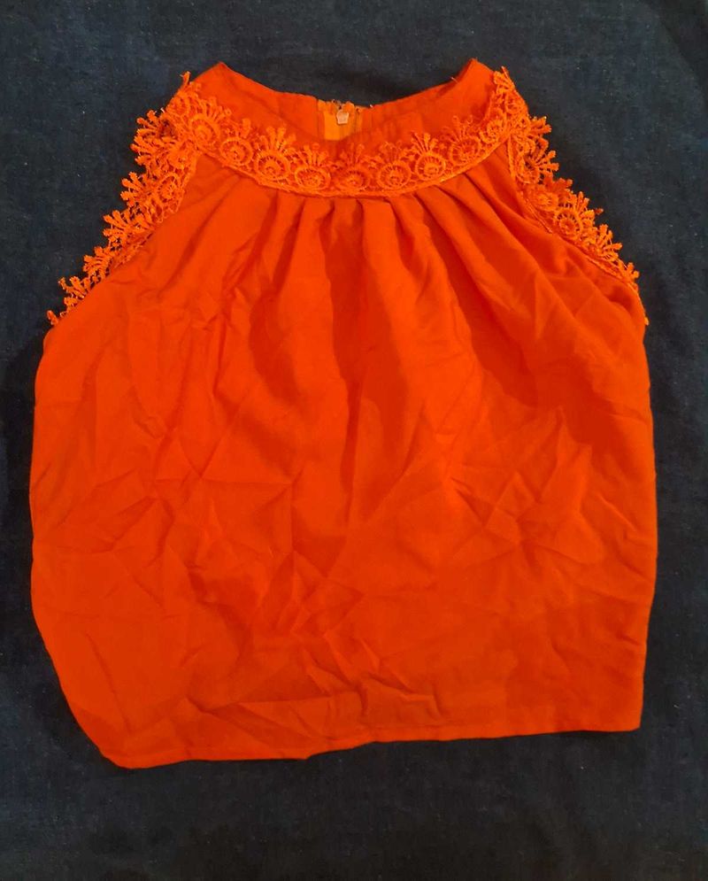 Orange Halter Neck Crop Top With Lace Borders Y2k