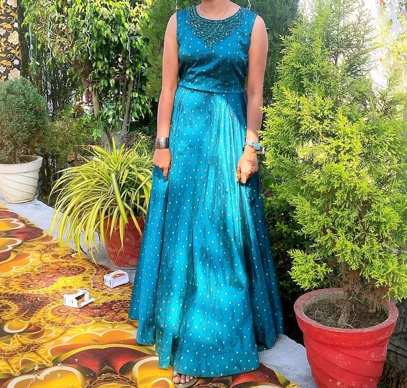 Blue Beautiful Gown!! With Button Work