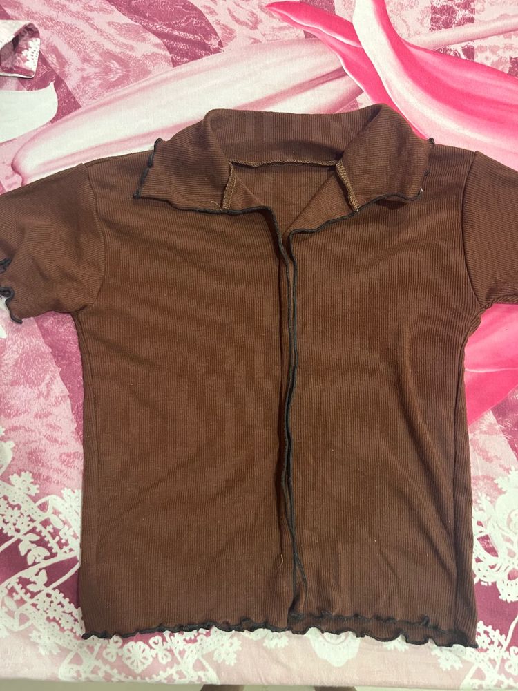 Brown Ribbed Crop Top