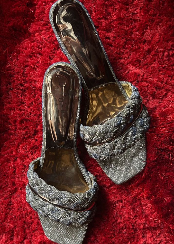 Iridescent silver kitten heels
