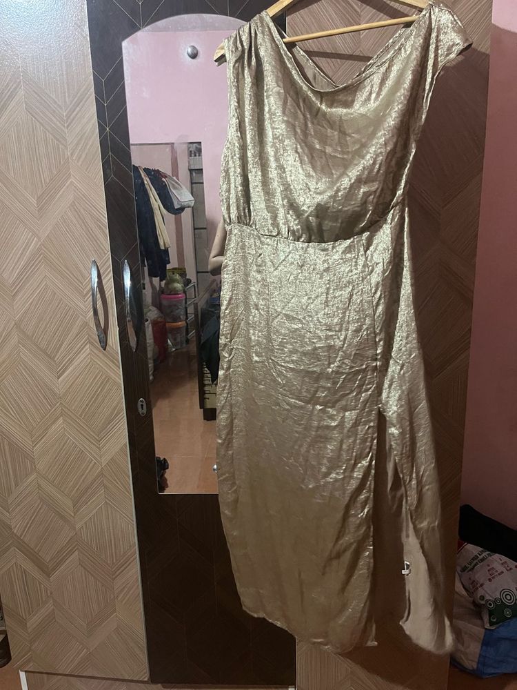 Gold Asymmetrical Neck Midi Slit Dress