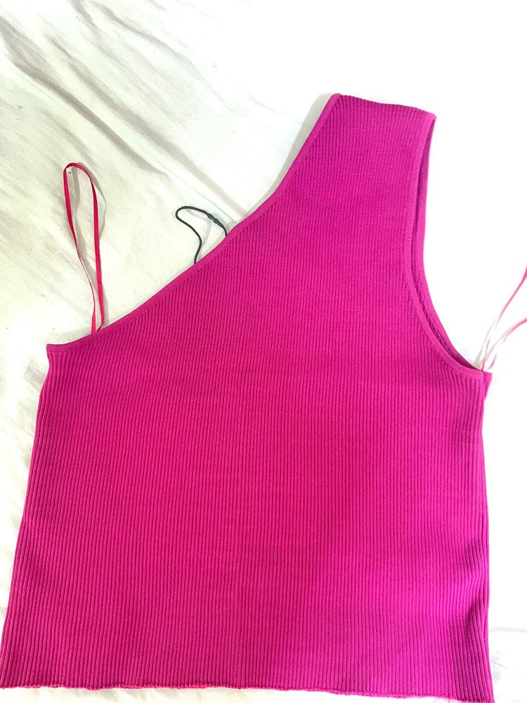 Zara Hot Pink One-Shoulder Ribbed Tank