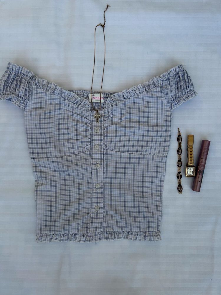 HOLLISTER INSPIRED Blue Plaid Off/On-Shoulder Top